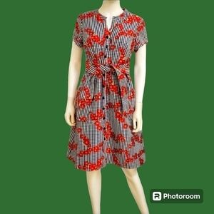 ADRIANNA PAPELL Retro Rockabilly Gingham Floral Button Tie Waist Shirt Dress